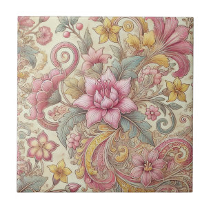 Pink Yellow Blue Boho Floral Indonesian Batik Ceramic Tile