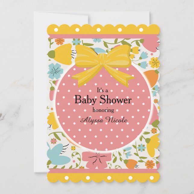 Pink Yellow Blue Floral and Polka Dot Baby Shower Invitation (Front)