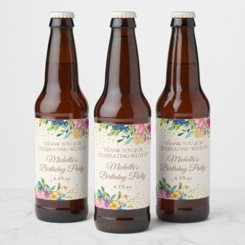 Pink Yellow Blue Floral Birthday Name Date Beer Bottle Label