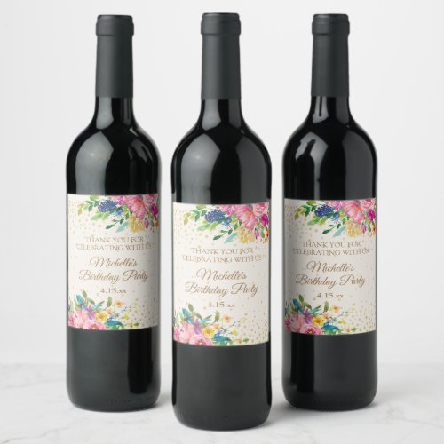 Pink Yellow Blue Floral Birthday Name Date Wine Label