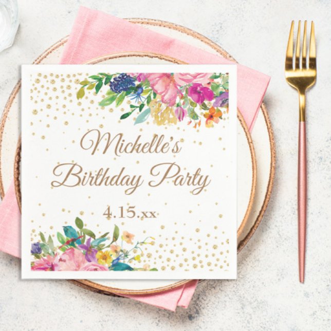 Pink Yellow Blue Floral Birthday Napkins (Elegant pink and yellow watercolor floral and gold glitter birthday party paper napkin)