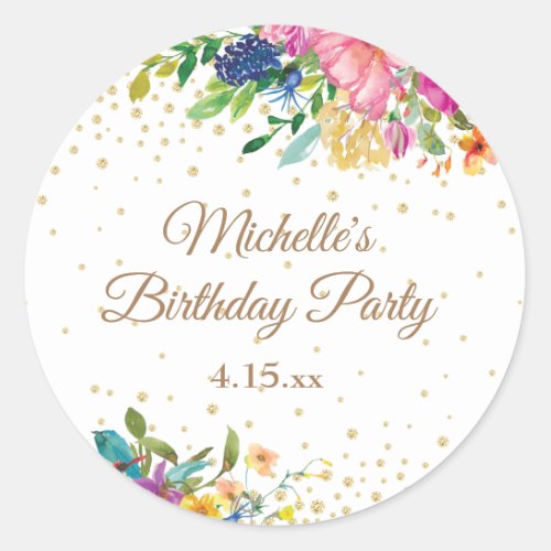 Pink Yellow Blue Floral Birthday Party Classic Round Sticker