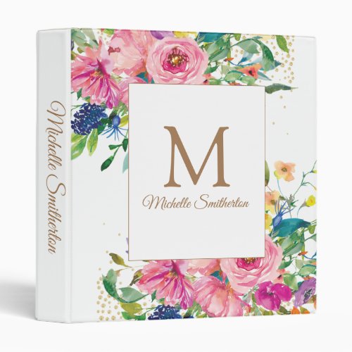 Pink Yellow Blue Floral Custom Monogram  3 Ring Binder