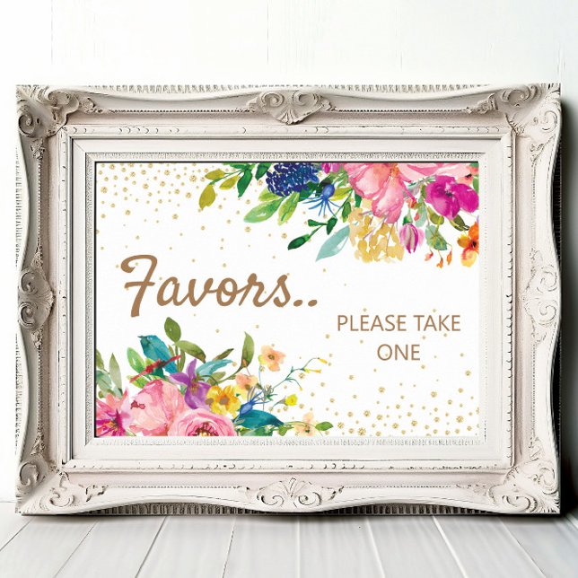 Pink Yellow Blue Floral Gold Baby Shower Favors Poster (Pink, blue, and yellow watercolor floral and gold glitter baby shower party favors sign)