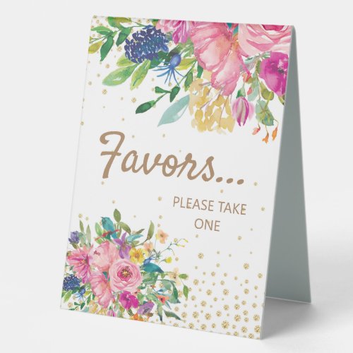 Pink Yellow Blue Floral Gold Baby Shower Favors Table Tent Sign