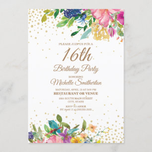 Pink Yellow Blue Floral Gold Glitter 16th Birthday Invitation