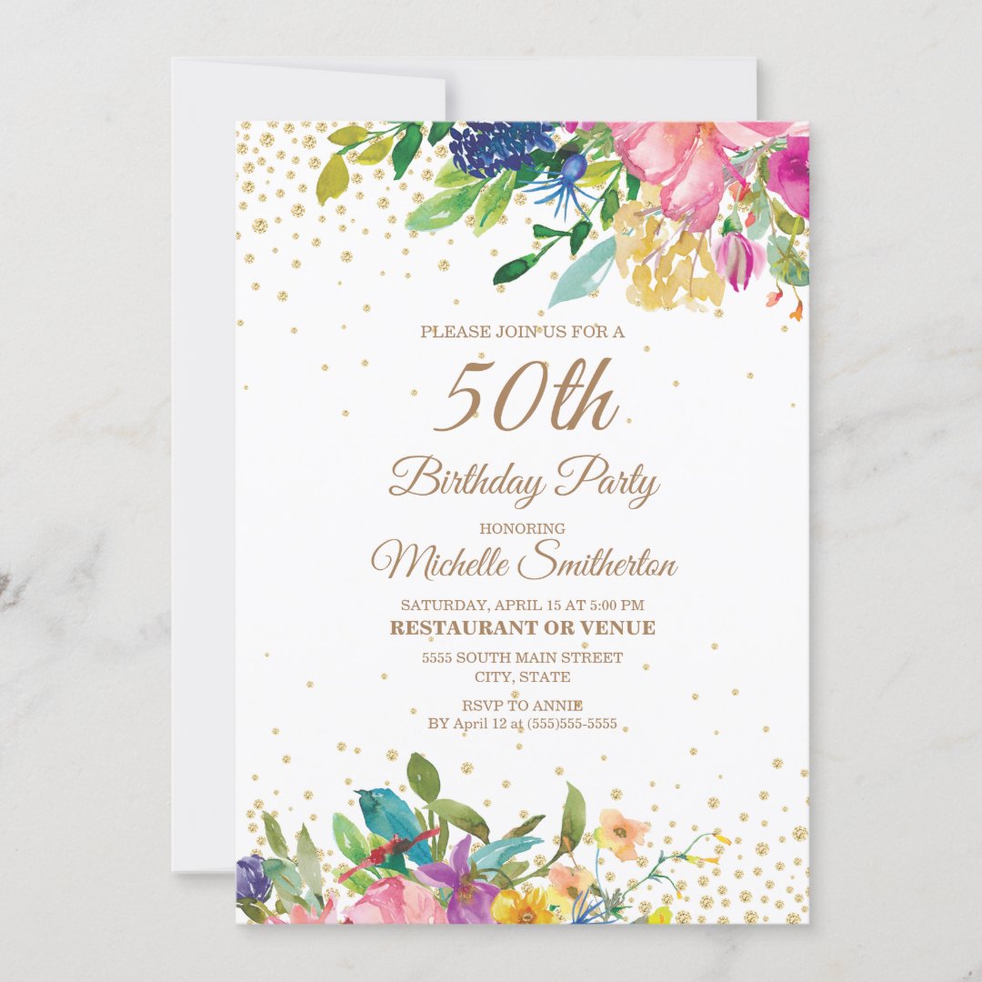 Pink Yellow Blue Floral Gold Glitter 50th Birthday Invitation | Zazzle