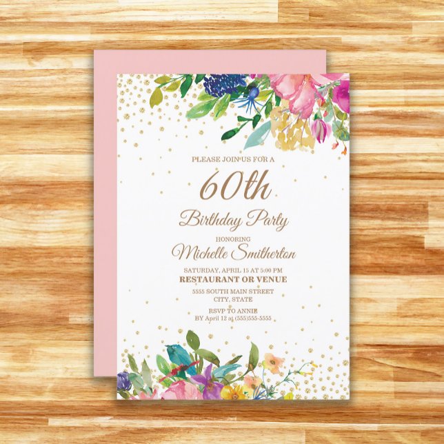 Pink Yellow Blue Floral Gold Glitter 60th Birthday Invitation (Pink, yellow, and blue watercolor floral 60th birthday party invitation)