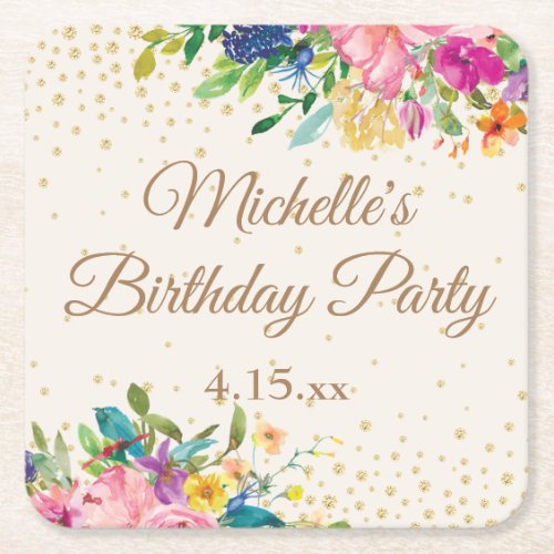 Pink Yellow Blue Floral Gold Glitter Name Date Square Paper Coaster