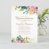 Pink Yellow Blue Floral Gold Glitter Quinceañera Invitation (Standing Front)