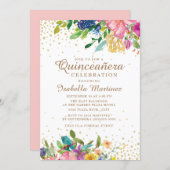 Pink Yellow Blue Floral Gold Glitter Quinceañera Invitation (Front/Back)
