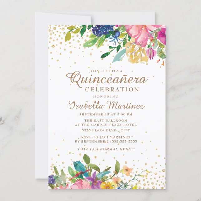 Pink Yellow Blue Floral Gold Glitter Quinceañera Invitation (Front)