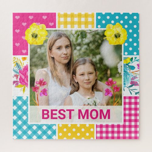 Pink Yellow  Blue Floral Patchwork Best Mom Jigsaw Puzzle