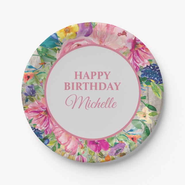 Pink Yellow Blue Floral Rustic Wood Birthday Paper Plates (Front)