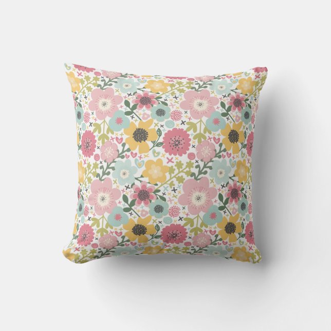 Pink Yellow Blue Floral  Throw Pillow (Front)