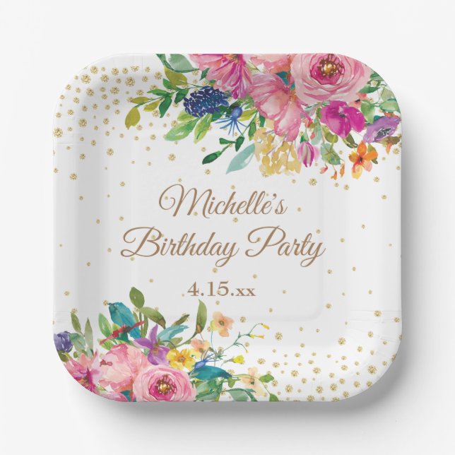 Pink Yellow Blue Flowers Birthday Paper Plates (Front)