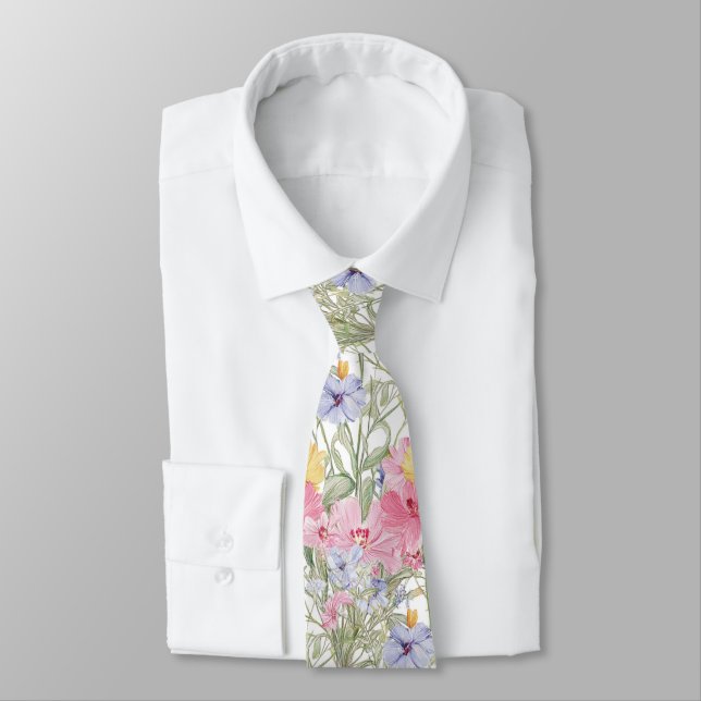 pink yellow blue flowers neck tie (Tied)