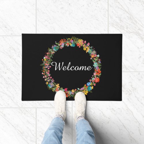Pink Yellow Blue Green Floral Wreath Welcome Mat