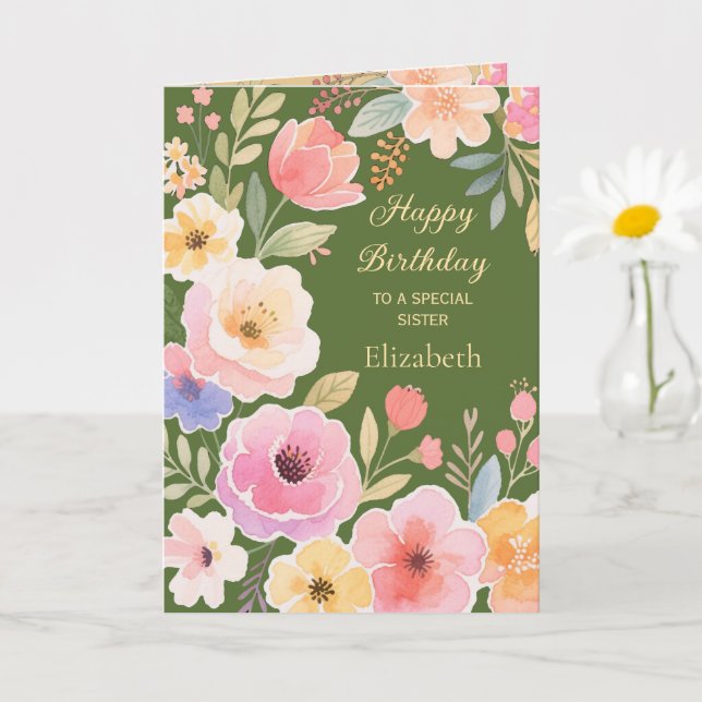  Pink Yellow Blue Green Flowers  Sister's Birthday Card (Small Plant)