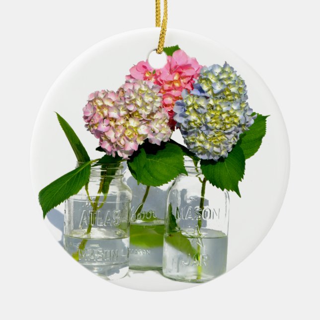 Pink yellow blue hydrangeas in mason jar ceramic ornament (Front)