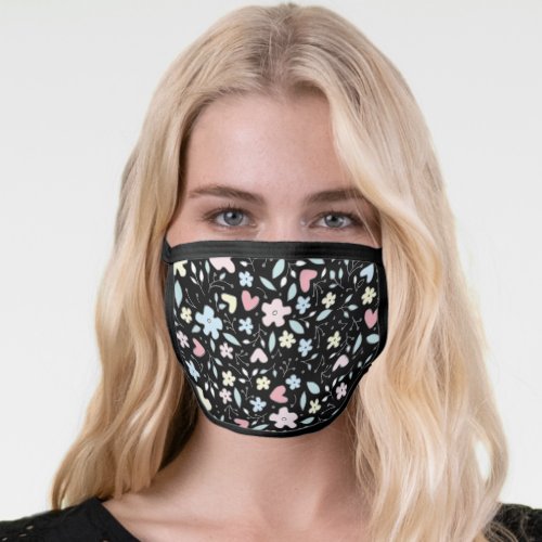 Pink Yellow Blue Pastels Florals Pattern Black Face Mask