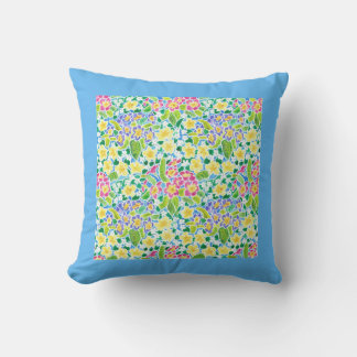 Pink, Yellow, Blue Primrose Pattern. Throw Pillow