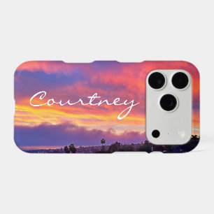 Pink yellow blue sunset clouds custom name script iPhone 17 pro case