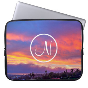 Pink yellow blue sunset photo custom monogram bold laptop sleeve