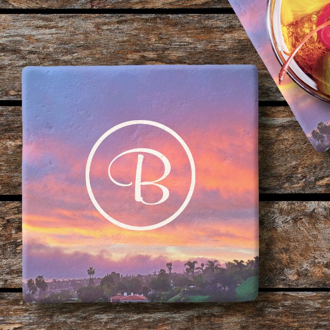 Pink yellow blue sunset photo custom monogram bold stone coaster (Creator Uploaded)