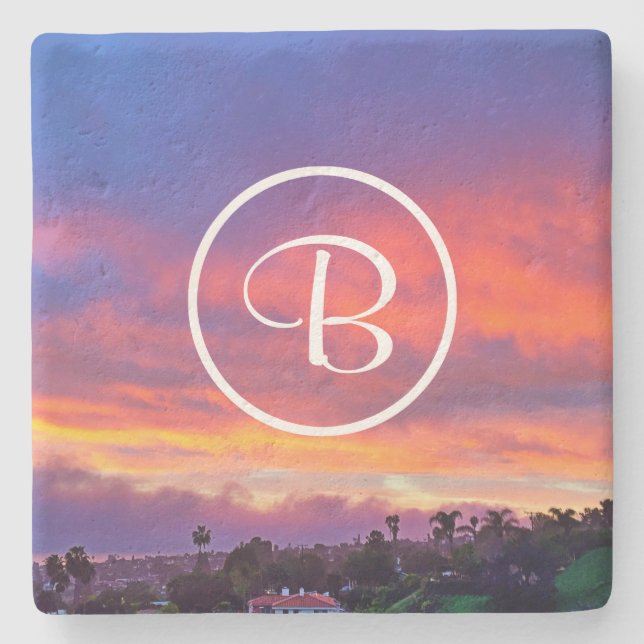 Pink yellow blue sunset photo custom monogram bold stone coaster (Front)