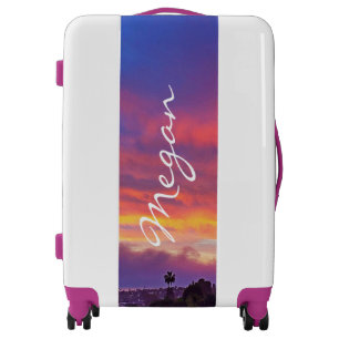 Pink yellow blue sunset photo custom name modern luggage