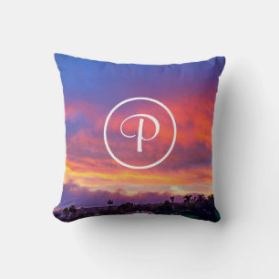 Pink yellow blue sunset photograh monogram initial throw pillow