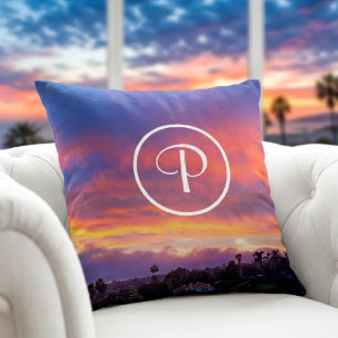 Pink yellow blue sunset photograh monogram initial throw pillow