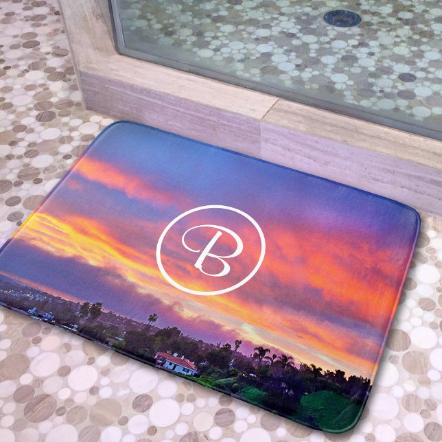 Pink yellow blue sunset photography monogram bold bath mat (Creator Uploaded)
