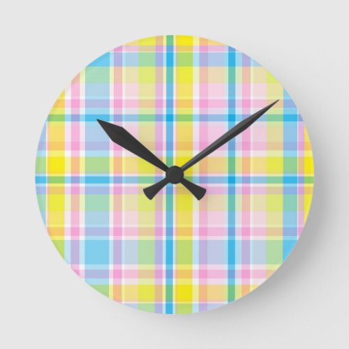 Pink yellow blue tartan pattern accessories trendy round clock