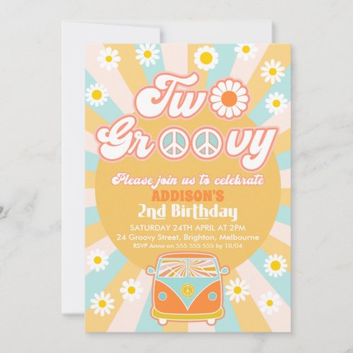 Pink Yellow Blue Two Groovy Retro 2nd Birthday Invitation