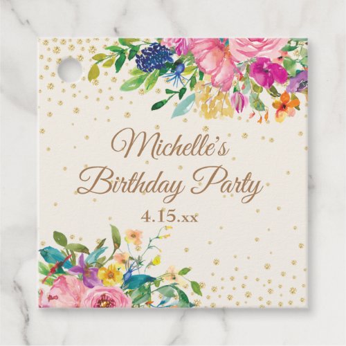 Pink Yellow Blue Watercolor Floral Birthday Favor Tags