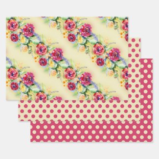 Pink Yellow Blue Watercolor Floral Polka Dots