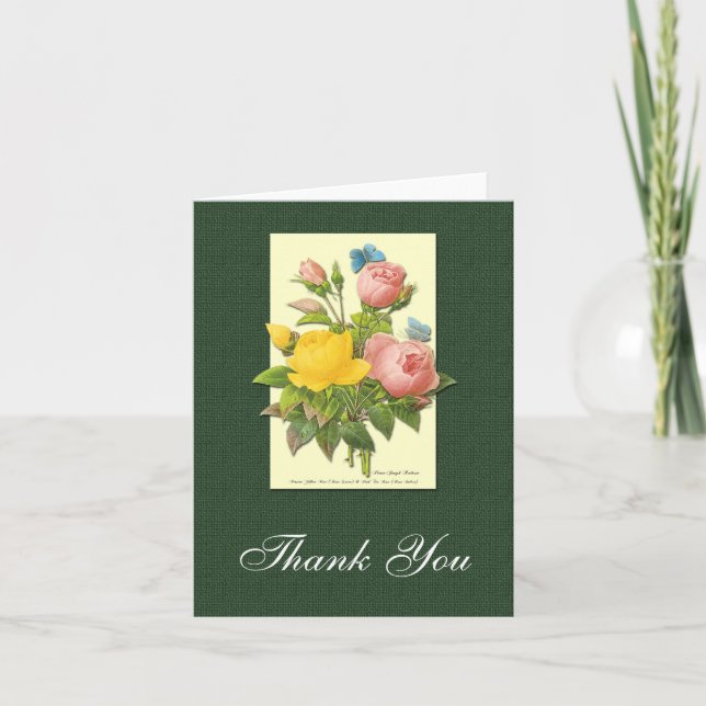 Pink Yellow Botanical Roses Thank You Card (Front)
