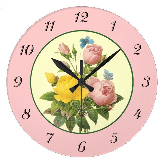 Pink Yellow Botanical Roses Wall Clock