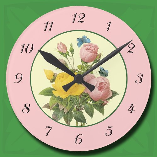 Pink Yellow Botanical Roses Wall Clock with Number