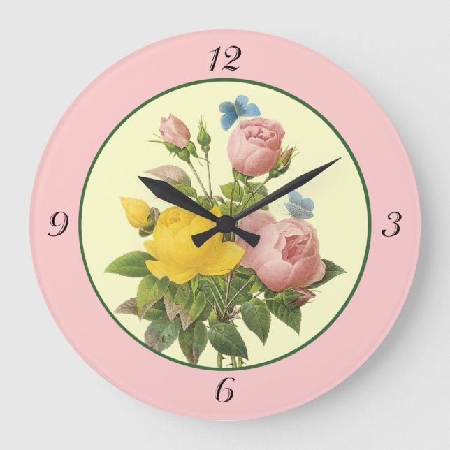 Pink Yellow Botanical Roses Wall Clock with Number (Front)