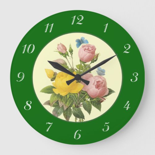 Pink Yellow Botanical Roses with Numbers Clock