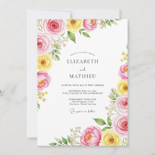 Pink Yellow Bright Botanical Wedding Invitation