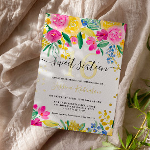 Pink yellow bright floral gold script Sweet 16 Foil Invitation