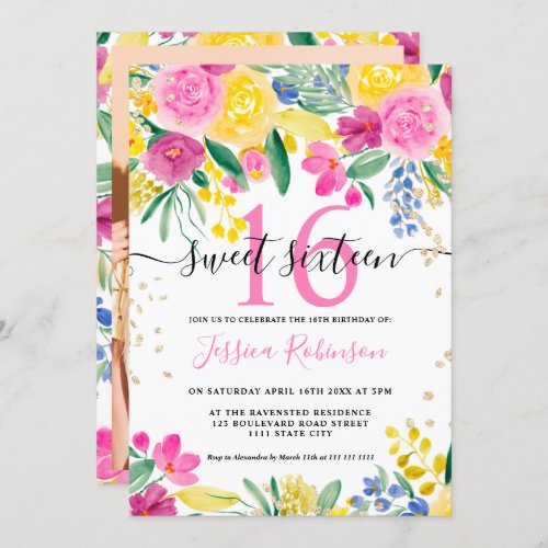 Pink yellow bright floral gold script Sweet 16 Invitation
