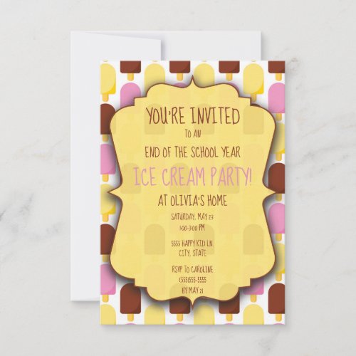 Pink Yellow Brown Ice Cream Party Invitation