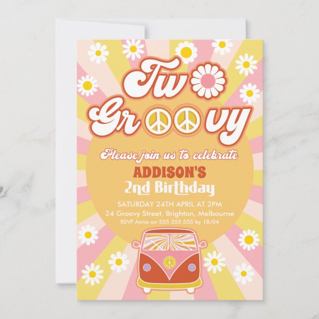 Pink Yellow Brown Two Groovy Retro 2nd Birthday  Invitation (Front)