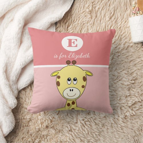 Pink yellow brown with a cute giraffe baby name throw pillow
