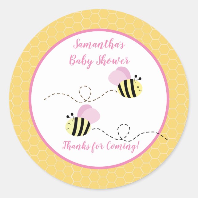 Pink Yellow Bumble Bee Favor Sticker (Front)